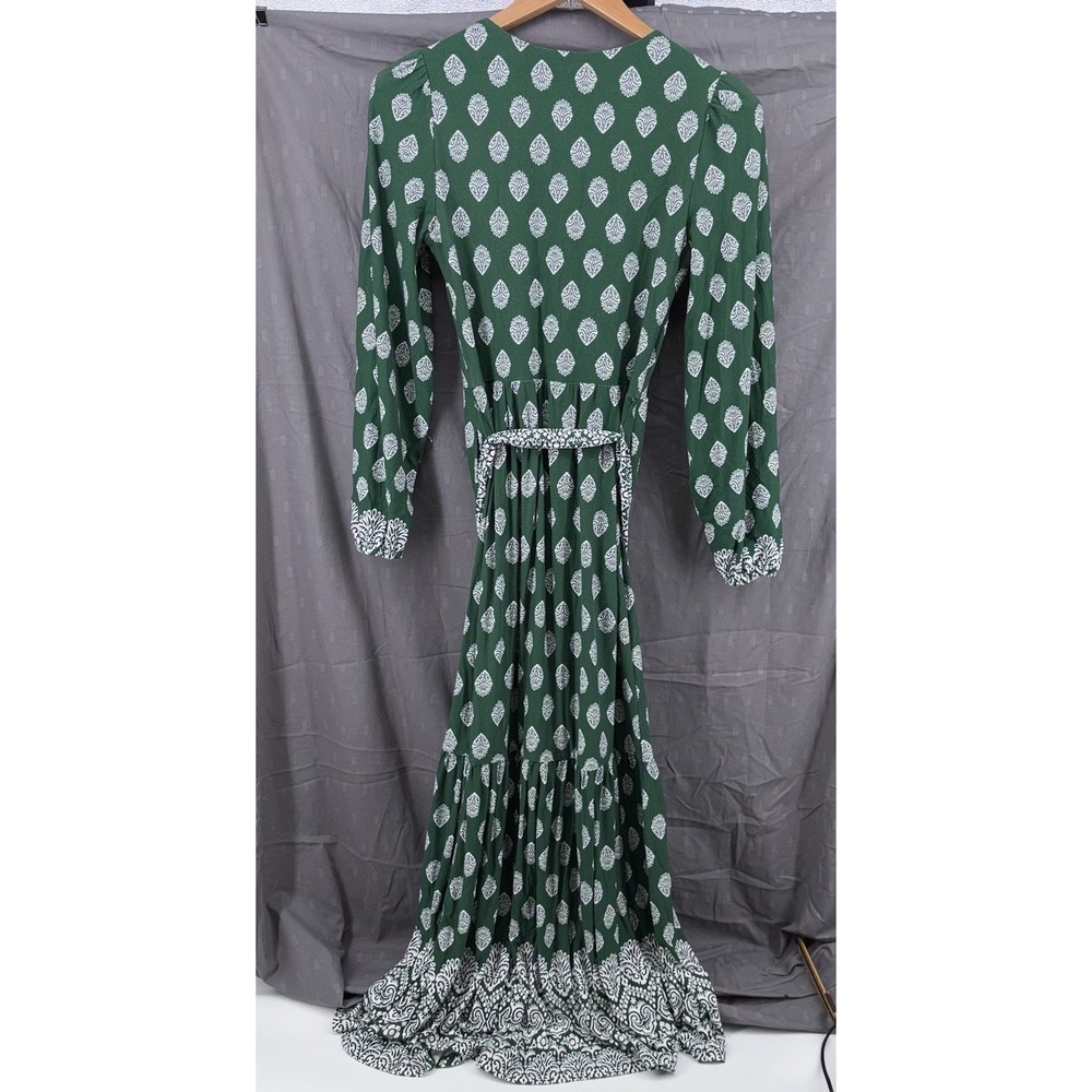 Boden Ophelia 4R Long Sleeve Maxi Wrap Dress Green White Printed Pockets - Picture 7 of 9